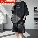 肯奈迪（KENNAIDI）短袖短裤套装美式复古男夏季宽松休闲运动T恤短裤潮牌扎染两件套 黑色-短袖短裤套装 3XL 【168CM-178CM】