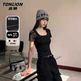 唐狮（TonLion）短袖女装方领背心夏季新款修身显瘦正肩短款t恤小个子女士上衣服