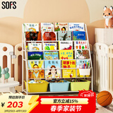SOFS儿童书架绘本架简易落地宝宝小书柜铁艺幼儿置物架书本玩具收纳架 XL码 (5+1)层 3盒黄蓝绿