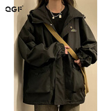 QGF美式复古chic连帽外套女春秋季新款设计感上衣宽松运动冲锋衣夹克 23013-黑色 【高品质】 L [建议100-110斤]