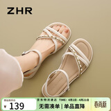 ZHR凉鞋女夏季外穿配裙子休闲女鞋仙女一字带粗低跟平底鞋CE56米色40