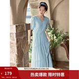 茵曼（INMAN）法式薄荷曼波连衣裙2024夏女装新品V领灯笼袖抽绳 绀蓝色 S