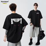 Homlean重磅美式圆领短袖男夏季设计感字母印花长袖T恤上衣HB46黑色4XL