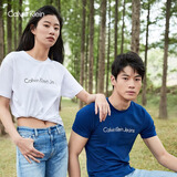 Calvin KleinJeans夏季男女情侣中性休闲年轻多色ck印花修身打底短袖T恤上衣 YAF-月光白 L （推荐145-160斤）