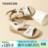 意尔康皮鞋女软底坡跟平底鞋中年妈妈魔术贴皮凉鞋 11001W 米白 37