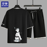 罗蒙（ROMON）短袖套装男夏季动漫印花t恤衫男潮流青少年夏天衣服套装 黑色XL
