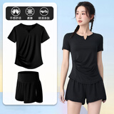 百思绒瑜伽服套装女跑步宽松透气速干衣短袖健身服防走光紧身短裤热裤子