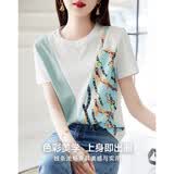 德玛纳（dme）【撞色棉氨针织女式t恤】春夏款圆领几何拼色短袖t恤女