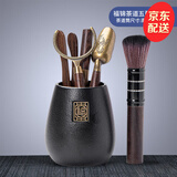 祥业功夫茶具配件茶道六君子套装茶刀茶针茶则茶勺刷喝茶泡茶工具大号 小号-粗陶福锦茶道筒(雅黑)+佛手五件套