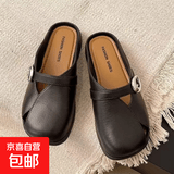 2026夏季新法式包头半拖鞋女外穿款平底凉拖鞋懒人一脚蹬穆勒鞋子 穆勒包头拖-黑色 38-39 适合37-38
