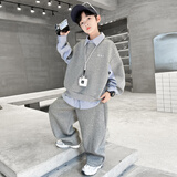 迈兜熊童装男童套装春秋装新款休闲两件套儿童帅气卫衣运动裤子冬季衣服 灰色 2603套装春秋款 160