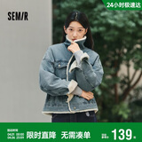 森马（Semir）牛仔外套女拼接仿兔毛翻领宽松港风冬季落肩夹棉夹克103724108001