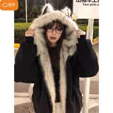 棉致座山雕猫耳朵连帽棉服女冬季加厚高级感棉衣羽棉袄绒服外套派克服 381黑色【高品质】 L 120-140斤