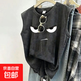 美式做旧复古水洗黑表情印花背心男女夏季宽松无袖坎肩T恤上衣潮 美式潮牌痞帅/水洗黑-表情 2XL