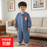 宝宝爬爬服连体衣罩衣防水全身秋冬护衣防脏外穿户外婴儿爬行儿童 连体拉链狮蓝 90码【建议身高70-85cm】