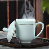 鹏博陶瓷景德镇茶杯陶瓷办公杯带盖家用杯子陶瓷水杯影青瓷会议室茶杯定制 影青金钟杯-描金加厚款