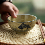 和风四季中式复古陶瓷釉下彩餐具米饭碗家用小汤碗零食碗手绘餐具碗高脚碗 （4.5英寸）复古鱼乐饭碗（300ml