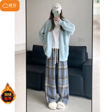棉致毛呢格子裤子女秋冬季新款宽松阔腿高腰运动休闲卫裤加绒 687蓝色【加绒高品质】 L 100-120斤