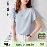尚都比拉拼接短袖雪纺衫女显瘦遮肚子上衣夏季女装薄款休闲T恤 浅蓝色 L