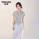 唐狮（TonLion）短袖女法式海军领假两件t恤女夏季新款修身显瘦披肩设计短款上衣