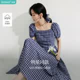 茵曼法式格纹连衣裙夏季女装百搭泡泡袖a字裙子 藏青  S