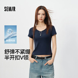 森马（Semir）短袖T恤女夏季短款V领半开襟套头衫紧身正肩2026上衣109326100046