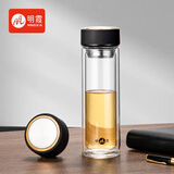 明霞玻璃杯双层大容量水杯便携车载男女商务茶水分离泡茶杯子350ml黑