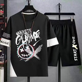 畅登短袖t恤男装夏季薄款休闲套装男潮流学生青少年一套衣服搭配短裤 黑色【W01】上衣+黑短裤 XL