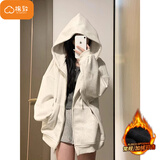 棉致美式纯色复古开衫连帽卫衣女春秋季2026新款oversize潮流上衣外套 030白灰色【常规高品质28.5】 L 100-120斤