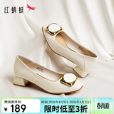 红蜻蜓春夏女士粗跟小香风皮鞋职业通勤妈妈鞋高跟鞋WFB31540 米白色 37