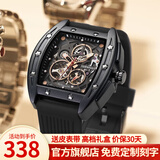 马克华菲（MARK FAIRWHALE）手表男士国潮机械表酒桶形镂空全自动男表时尚学生防水瑞士风腕表 黑壳黑面胶带【热款主推】
