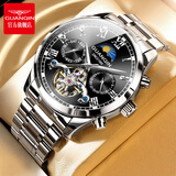 冠琴（GUANQIN）手表男机械表全自动镂空飞轮瑞士品质防水夜光皮带男士双日历手表 银色黑面