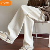 棉致灯芯绒裤子男秋冬季新款宽松直筒阔腿运动休闲裤男士长裤加绒加厚 米白色【K346不加绒高品质】 XL 120-140斤