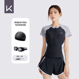 Keep游泳衣女分体保守微胖女孩显瘦运动泡温泉大码泳装灰白黑三件套L