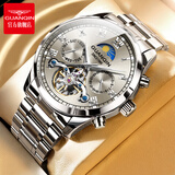 冠琴（GUANQIN）手表男机械表全自动镂空飞轮瑞士品质防水夜光皮带男士双日历手表 银色灰面-精美礼盒-定制刻字