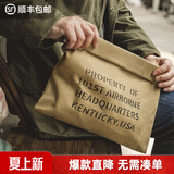马登工装美式复古油蜡帆布包阿美咔叽邮差手抓包公文休闲信封文件包 油蜡手包-卡其黄（不可水洗）