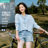 茵曼【亚麻天丝】亨利领条纹针织衫夏季女装新款航海系宽松罩衫上衣