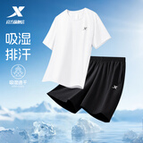 特步速干运动套装男2026夏季新款中考体育运动服冰丝短袖t恤衫短裤 珍珠白+正黑色（男） L