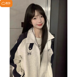 棉致复古开衫卫衣外套女秋冬季新款宽松小个子撞色立领休闲运动加绒 白灰色【3058常规高品质】 L 100-120斤