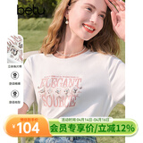 百图betu女装春夏新款T恤圆领字母印花珠片绣棉感短袖女2502T22 白色 M