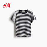H&M女装T恤夏季圆领时尚休闲简约宽松短袖上衣1270848 白色/海军蓝条纹 S 160/88