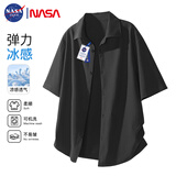 NASA GISS短袖衬衫男港风休闲薄款冰丝纯色宽松百搭透气衬衣男 黑色 3XL