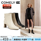 康莉（COMELY）瘦瘦靴短靴女冬季新款粗跟法式方头高跟时装靴 黑色/绒里 36