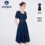 Navigare小帆船女士复古方领牛仔裙收腰修身短袖连衣裙2322874526