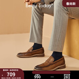 BEAUTODAY乐福鞋男士一脚蹬休闲皮鞋子男2026新款春季真皮商务轻奢高级男鞋 棕色 光面版 【偏大一码】 37