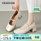 意尔康玛丽珍鞋24新款法式单鞋女浅口粗跟鞋 29304W 米白 36