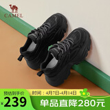 骆驼（CAMEL）老爹鞋女网布皮面拼接双系带厚底休闲鞋 L24S283079 黑色 38