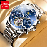 冠琴（GUANQIN）手表男机械表全自动镂空飞轮瑞士品质防水夜光皮带男士双日历手表 银色蓝面