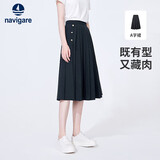 Navigare小帆船女士中长款过膝裙侧边开衩通勤休闲百褶半身裙2322874524