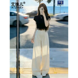 艾珠儿（Aizhuer）韩系巨好看穿搭一整套2026新款黑色短袖t恤女夏季阔腿裤两件套装 黑色上衣+杏色裤子【套装】含腰带 M 45/55kg